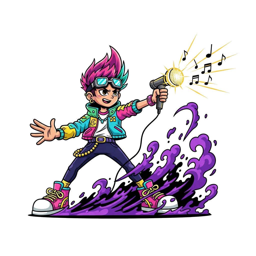 Custom design: A super cool, dynamic cartoon character dressed in vibrant Kpop fashion, striking a heroic pose with a glowing microp...