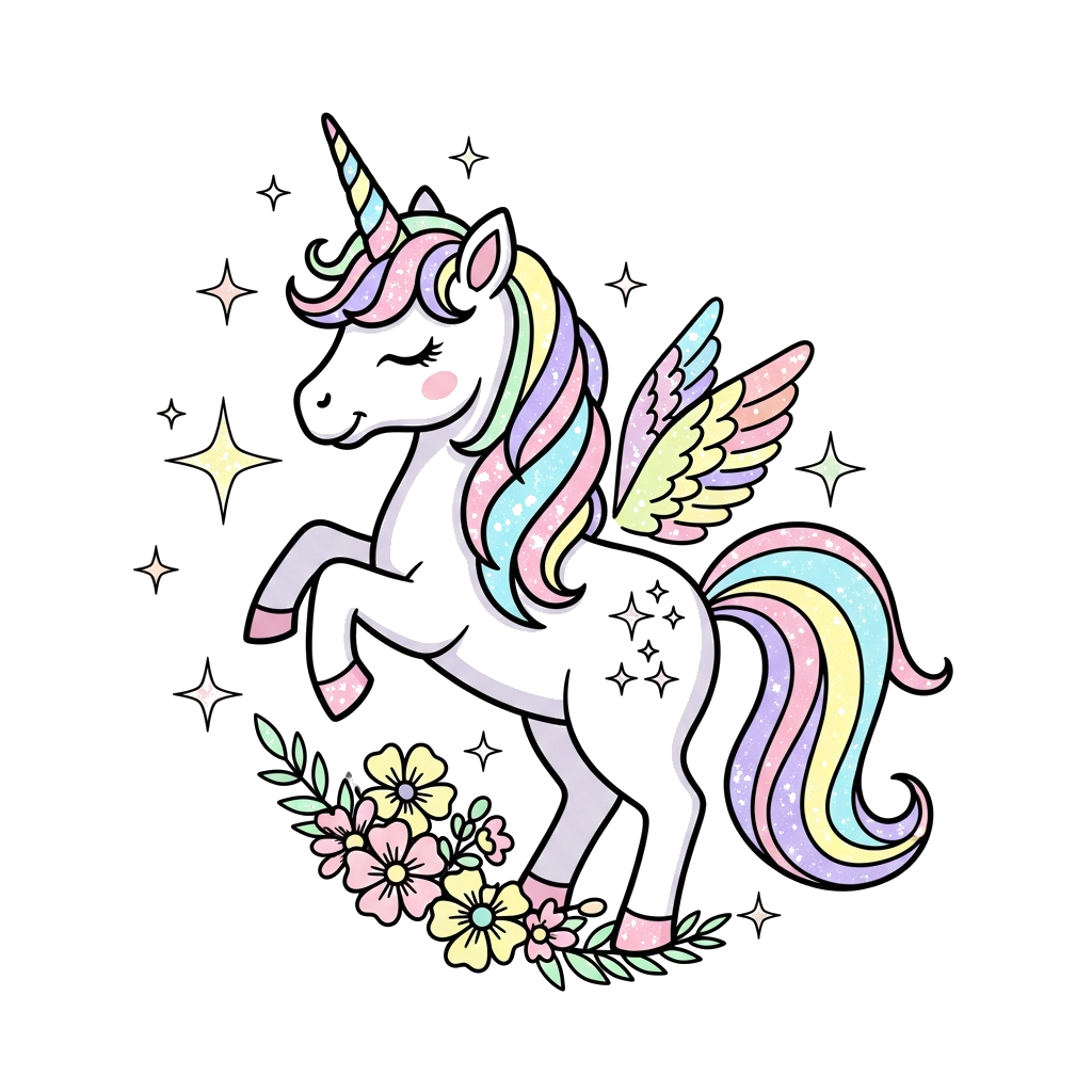 Custom design: A whimsical, pastel-colored unicorn with a shimmering rainbow mane, surrounded by sparkling stars and delicate flower...