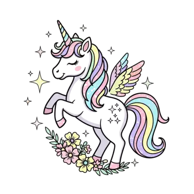 Design: A whimsical, pastel-colored unicorn with a shimmering rainbow mane, surrounde...