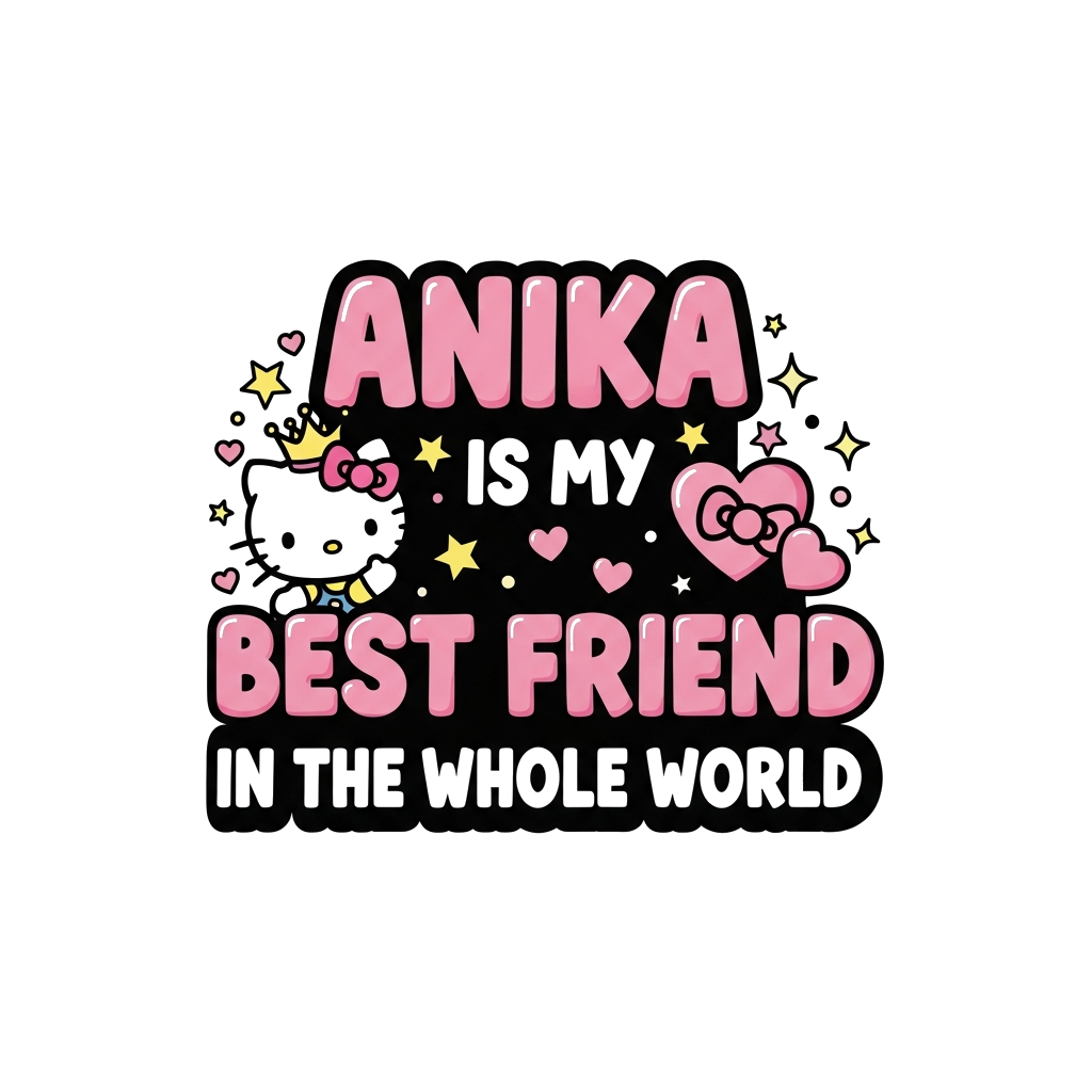 Custom design: A super cute Hello Kitty illustration wearing a tiny crown, surrounded by sparkling stars and hearts, with the text '...