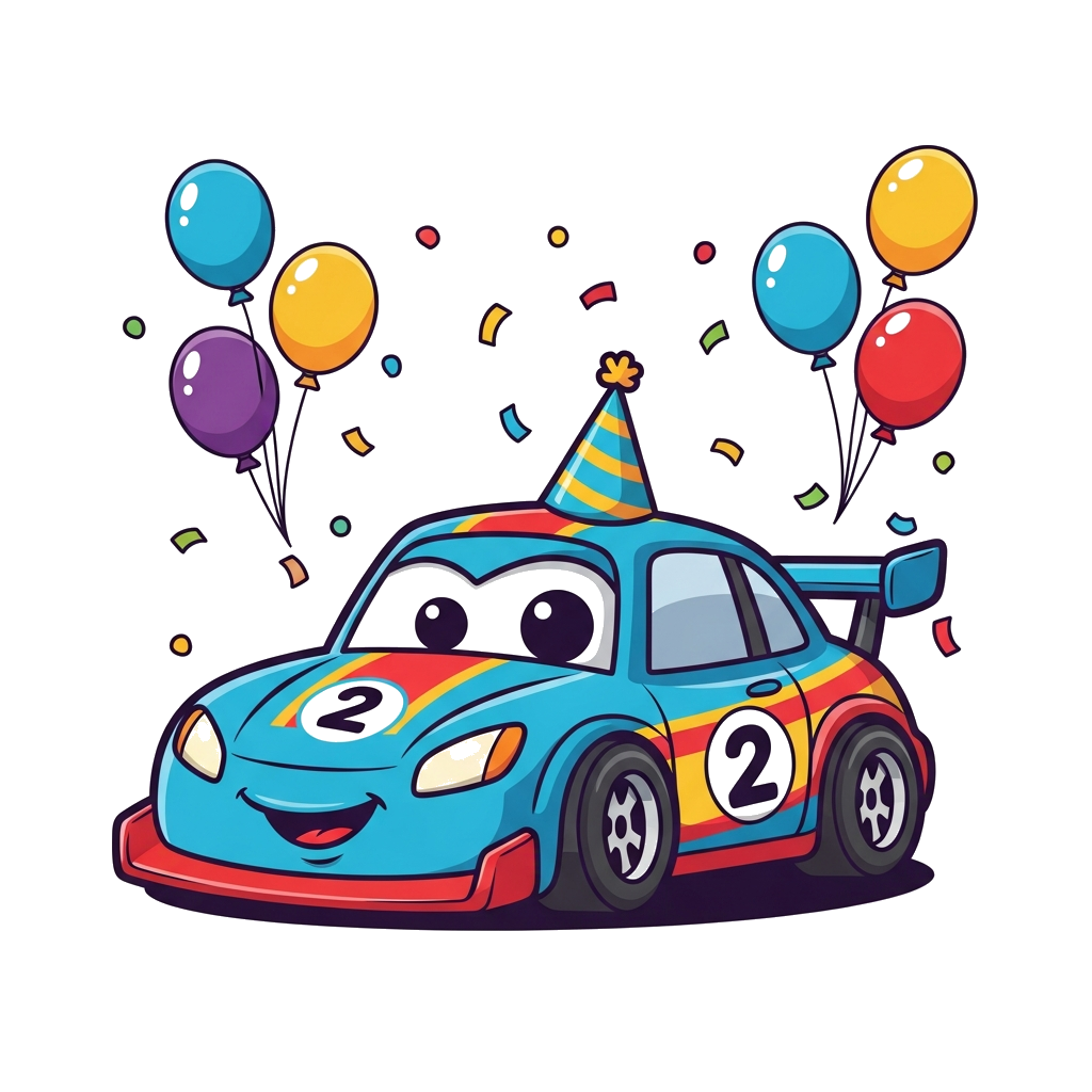 Custom design: A super cute cartoon race car wearing a tiny party hat, with the number '2' prominently displayed as its racing numbe...