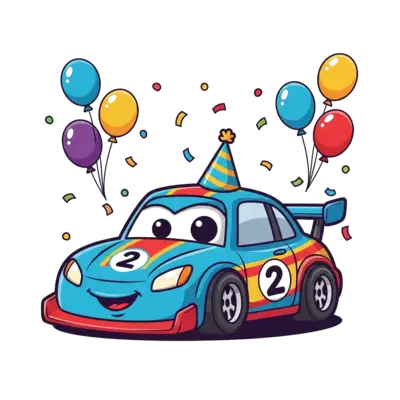 Design: A super cute cartoon race car wearing a tiny party hat, with the number '2' p...
