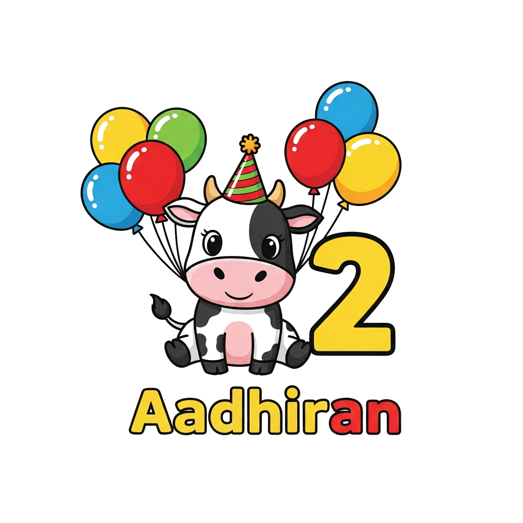 Custom design: A charming cartoon baby cow wearing a tiny party hat, surrounded by colorful balloons and a big number '2', with 'Aad...