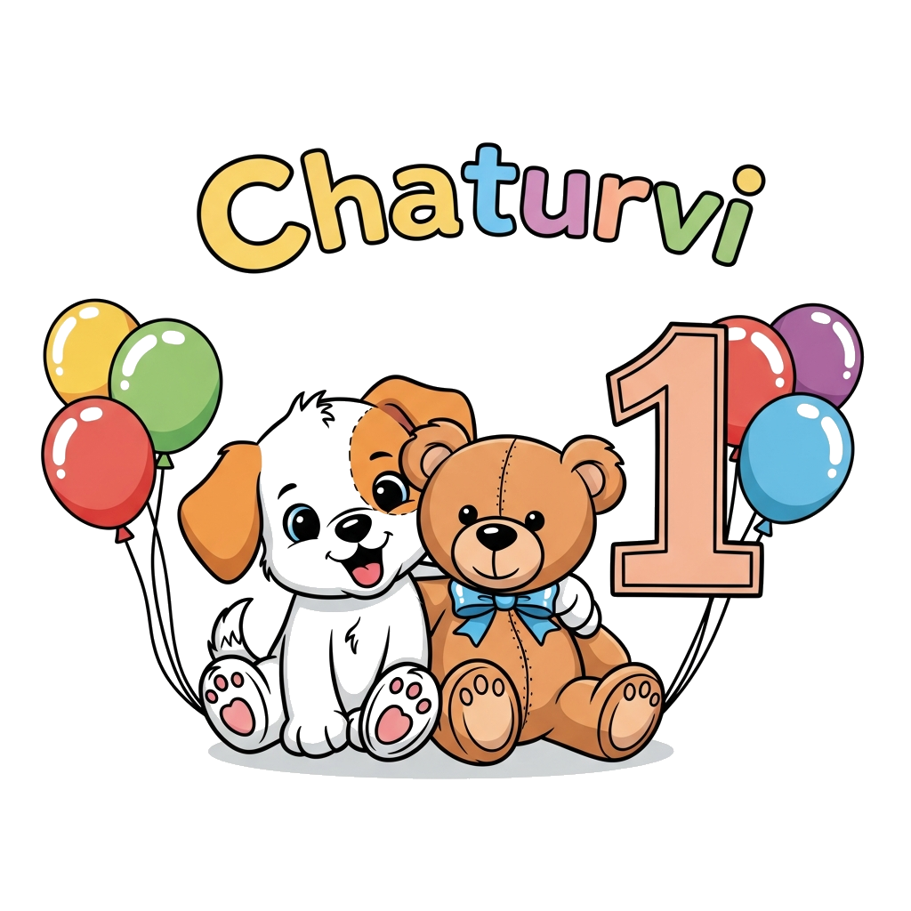 Custom design: A super cute cartoon puppy and a cuddly teddy bear sitting together, surrounded by colorful balloons and a big number...