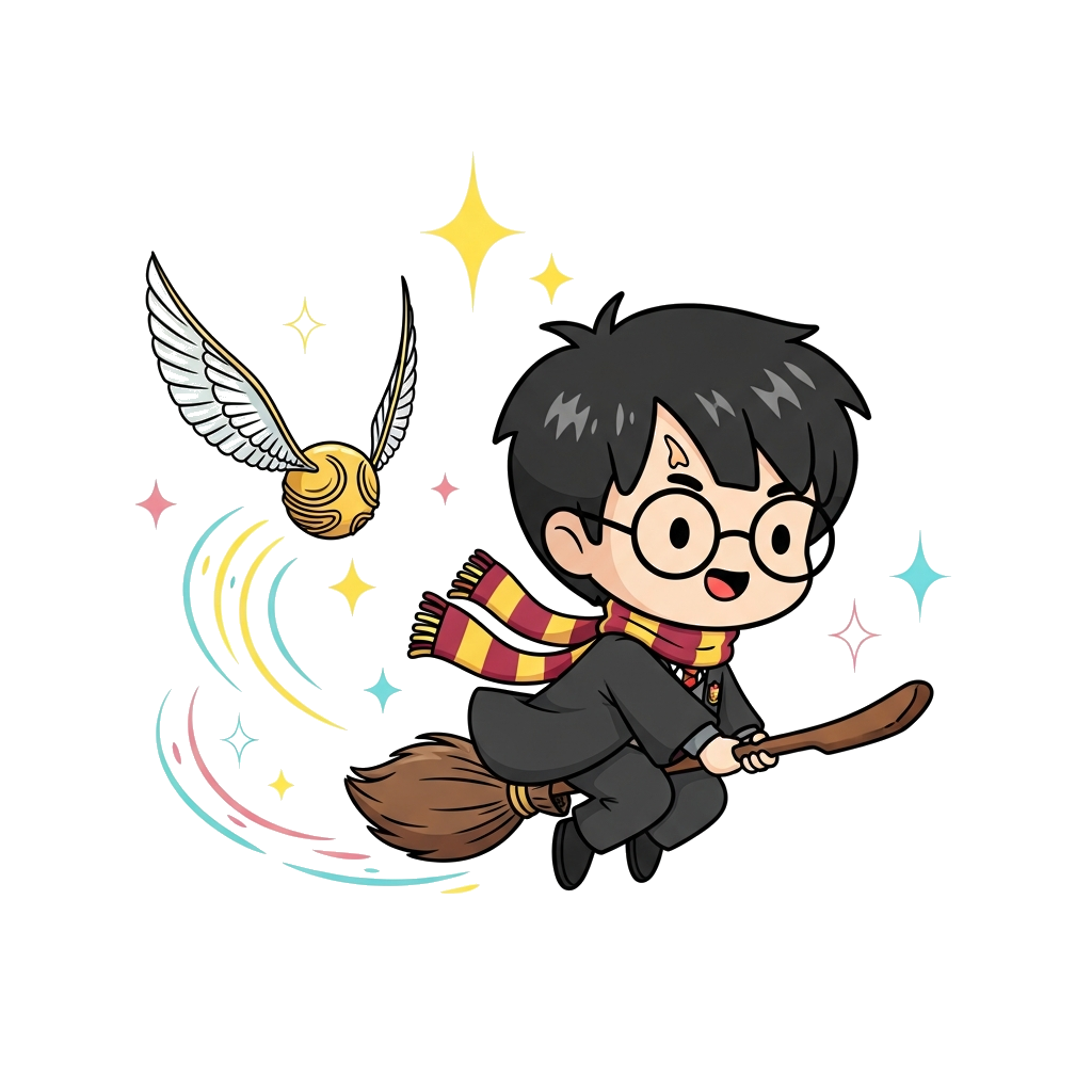 Custom design: A cute chibi Harry Potter flying on a broomstick with a golden snitch, surrounded by sparkling magic, in a vibrant ca...