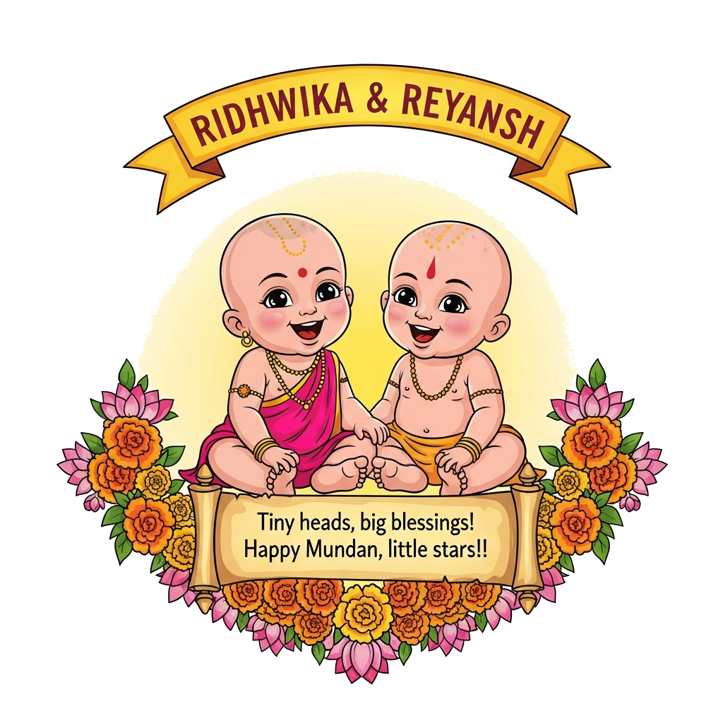 Custom design: A vibrant illustration in a traditional Indian folk art style, featuring a joyful bald Indian baby girl (Ridhwika) an...