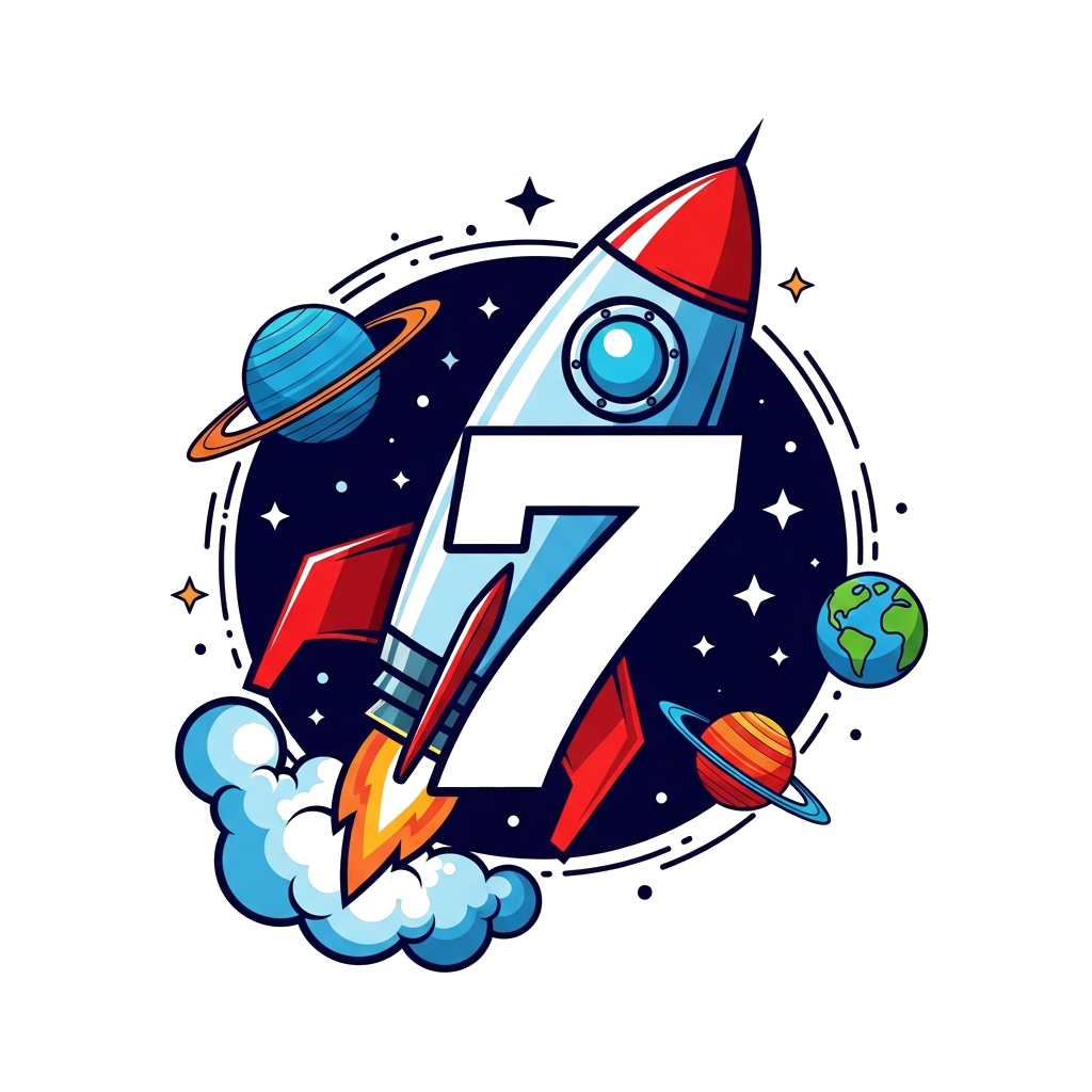 Custom design: A bold and cool illustration of a futuristic rocket blasting off into space, with the number 7 integrated into the de...