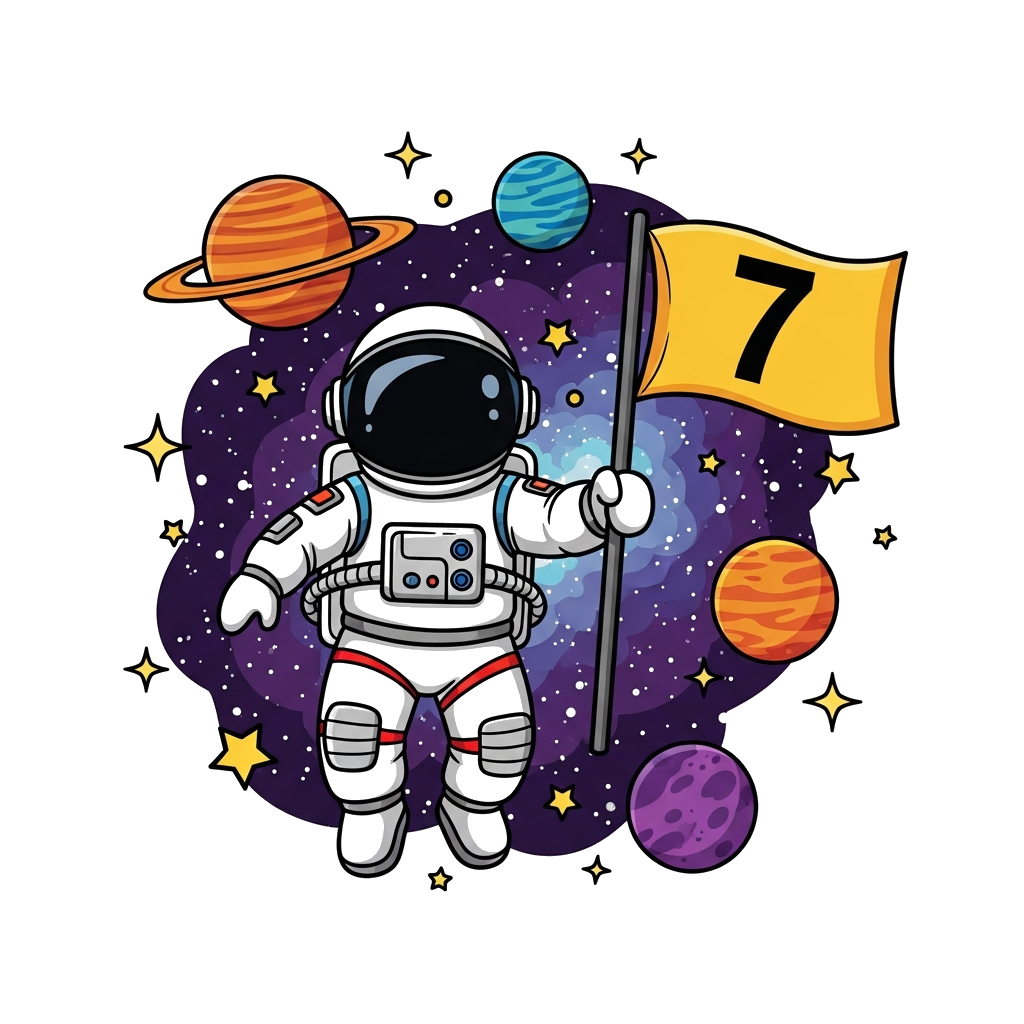 Custom design: A realistic illustration of a young astronaut floating gracefully in deep space, holding a vibrant flag with the numb...