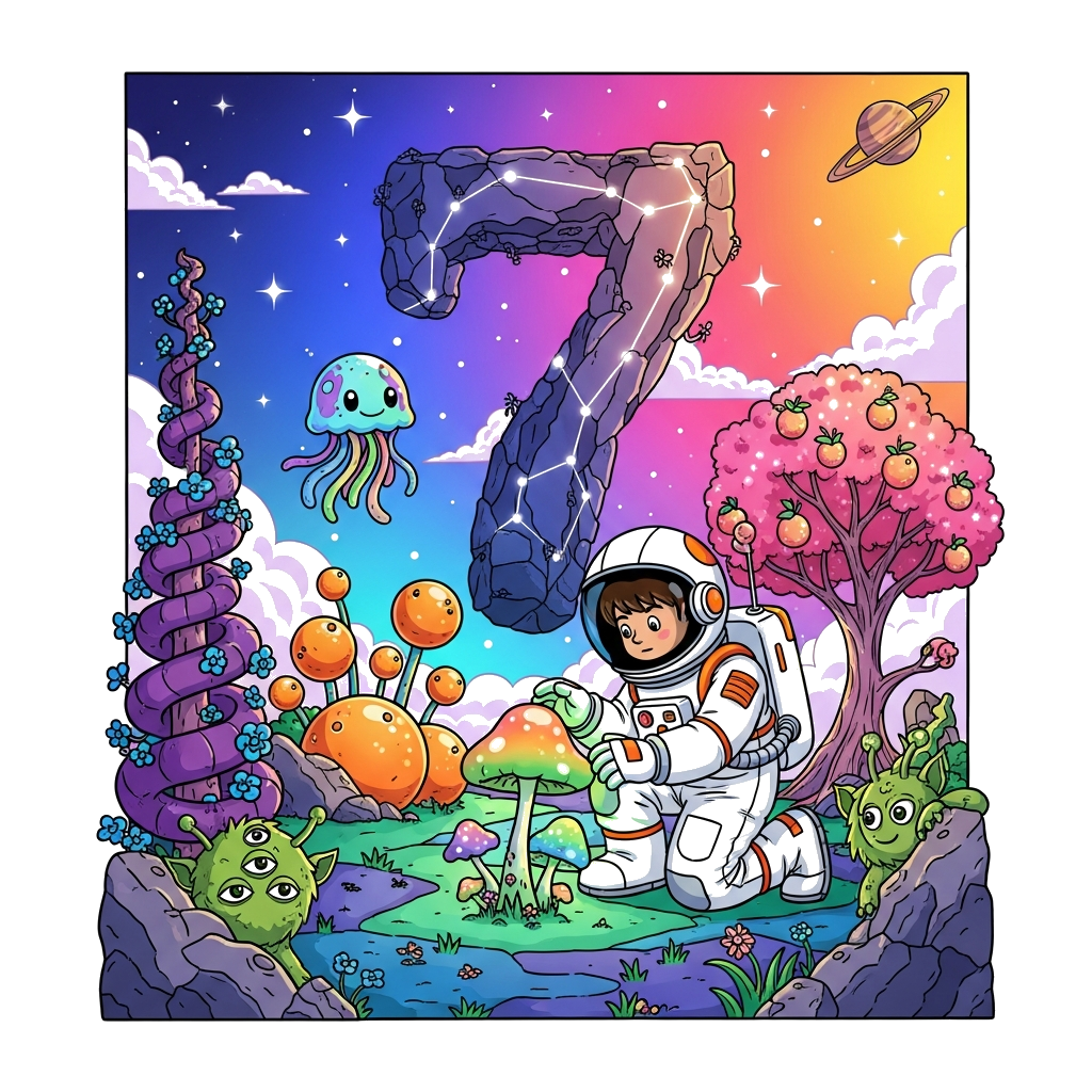 Custom design: A realistic, illustrative depiction of a curious young astronaut exploring a colorful alien planet with unique, frien...