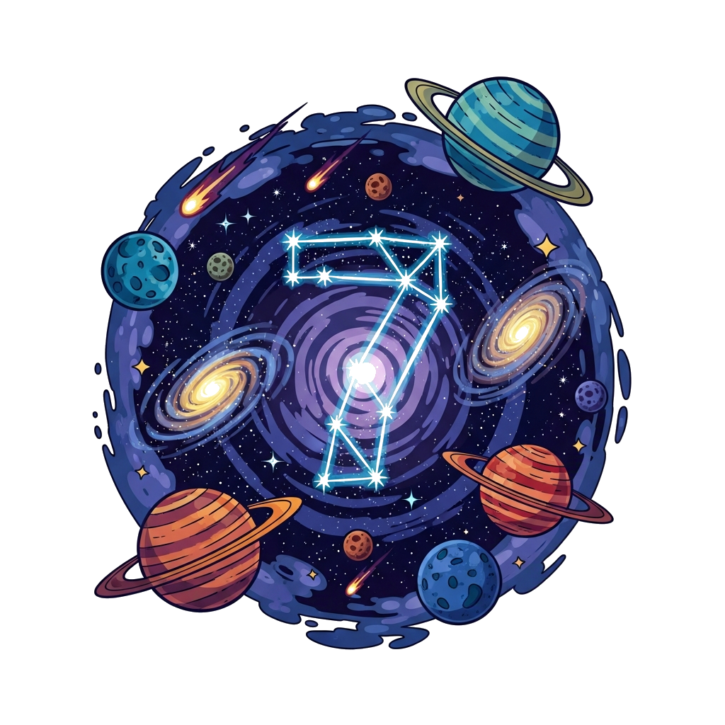 Custom design: A breathtaking, realistic illustration of a cosmic sky, where the number '7' is beautifully formed by a bright conste...