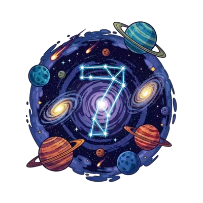 Design: A breathtaking, realistic illustration of a cosmic sky, where the number '7' ...