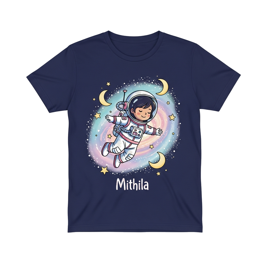 Custom design: A whimsical illustration of a little girl astronaut named Mithila floating gracefully in a dreamy pastel galaxy, surr...