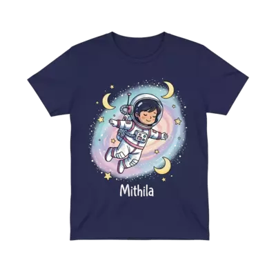 Design: A whimsical illustration of a little girl astronaut named Mithila floating gr...