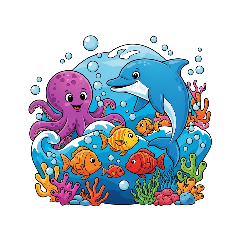 Custom design: A vibrant cartoon illustration of various cheerful marine creatures like a friendly octopus, a playful dolphin, and c...