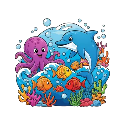 Design: A vibrant cartoon illustration of various cheerful marine creatures like a fr...