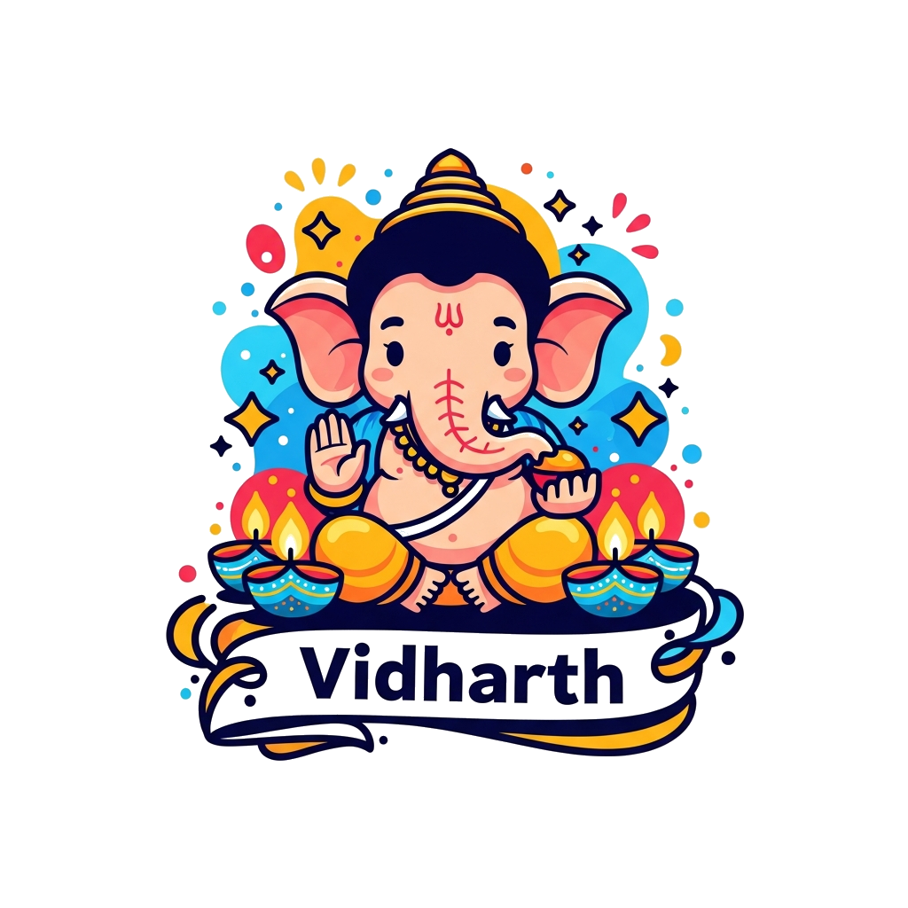 Custom design: A cheerful, modern cartoon Lord Ganesha, with a friendly smile, sitting amongst glowing, cute animated diyas and twin...