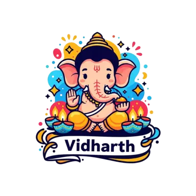 Design: A cheerful, modern cartoon Lord Ganesha, with a friendly smile, sitting among...