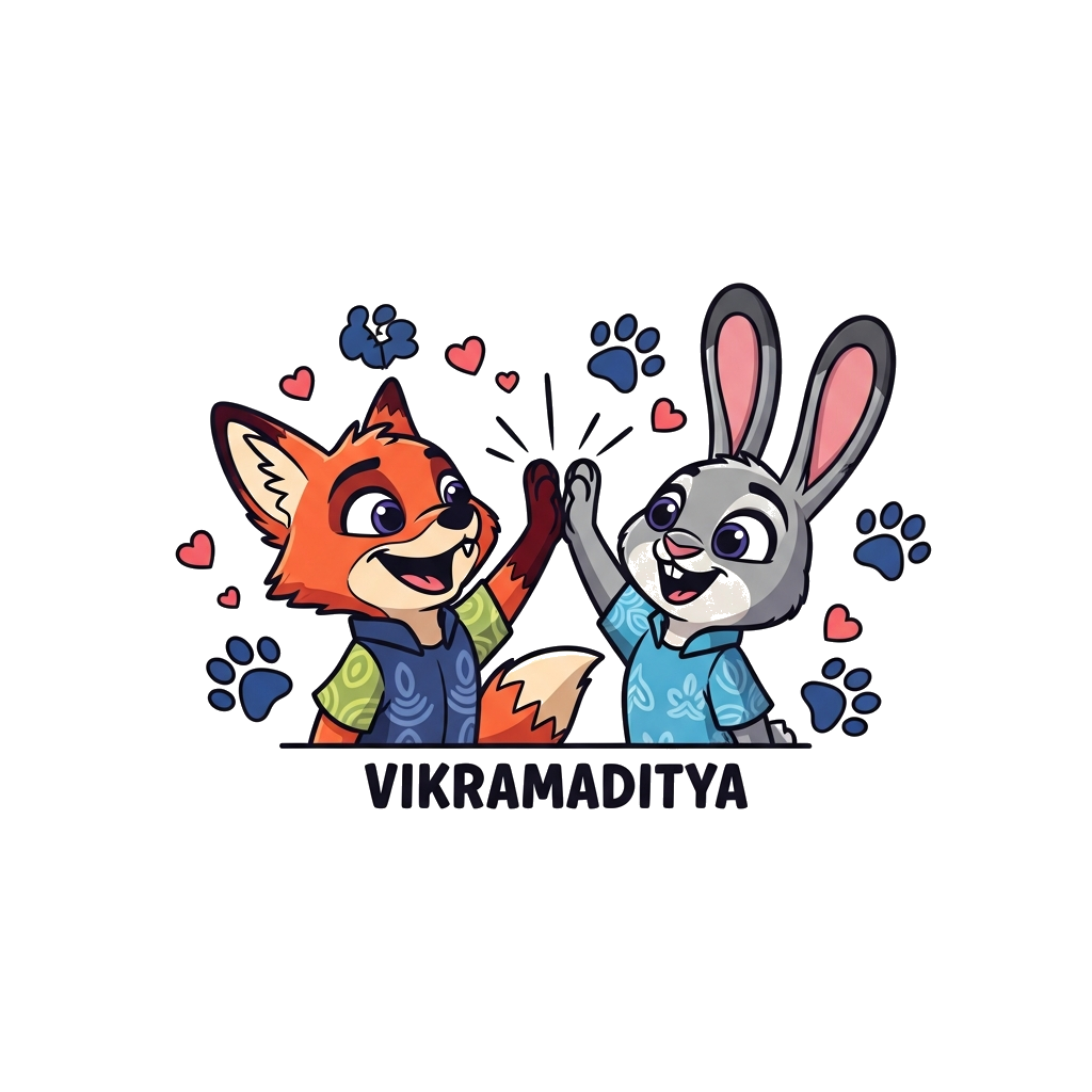 Custom design: A cute cartoon illustration of a happy fox and bunny character (similar to Zootopia style) giving a high-five, surrou...