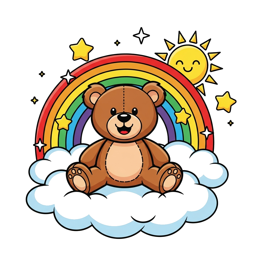 Custom design: A cute cartoon teddy bear sitting on a fluffy cloud, smiling under a vibrant rainbow and a cheerful sun, surrounded b...