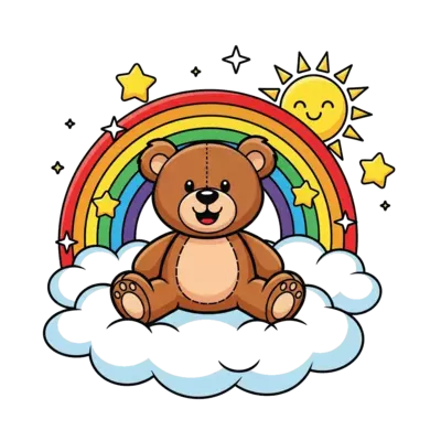 Design: A cute cartoon teddy bear sitting on a fluffy cloud, smiling under a vibrant ...