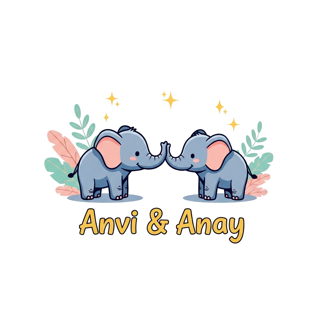 Custom design: A charming illustration of two baby elephants, one slightly bigger than the other, gently touching trunks, with the n...