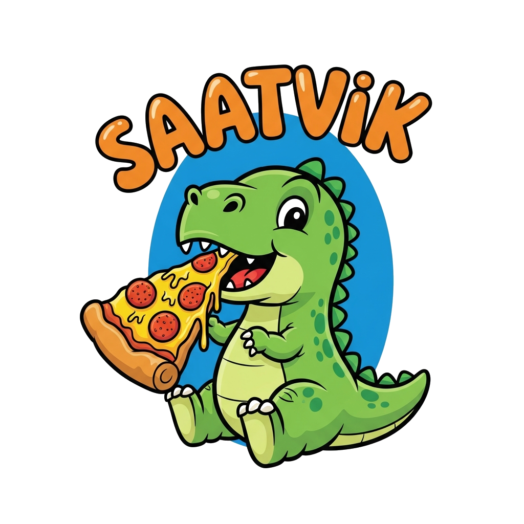 Custom design: A cheerful, cartoon baby dinosaur with bright green scales, joyfully munching on a huge, cheesy pizza slice. The name...