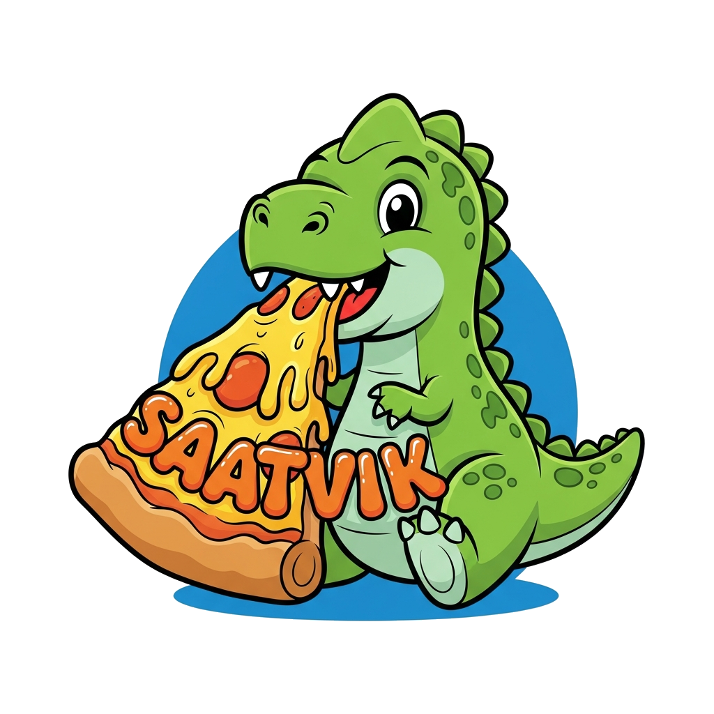 Custom design: A cheerful, cartoon baby dinosaur with bright green scales, joyfully munching on a huge, cheesy pizza slice. The name...