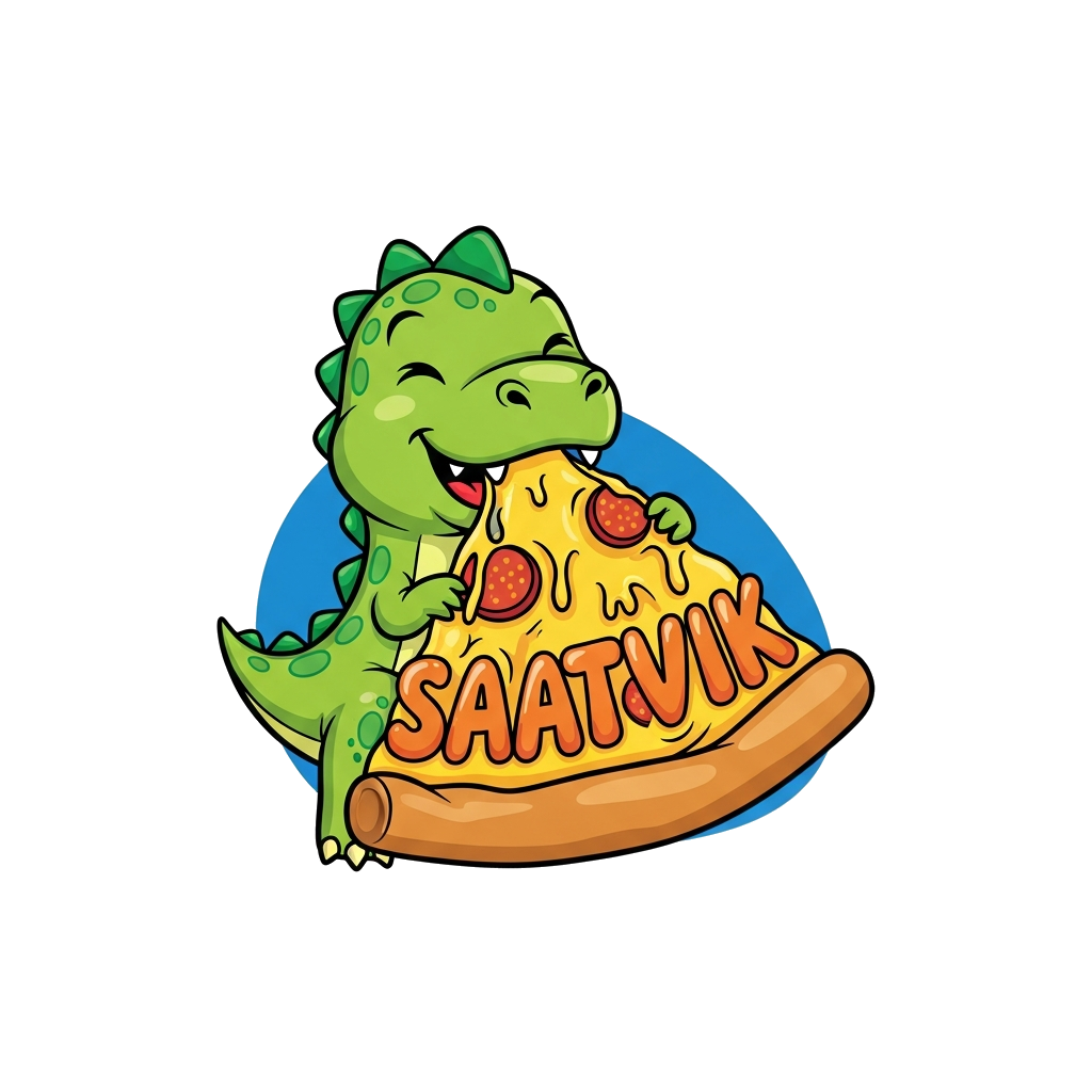 Custom design: A cheerful, cartoon baby dinosaur with bright green scales, joyfully munching on a huge, cheesy pizza slice. The name...