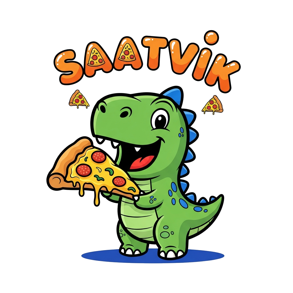 Custom design: A super cheerful cartoon baby dinosaur with bright green scales, joyfully holding a huge, cheesy pizza slice. The nam...