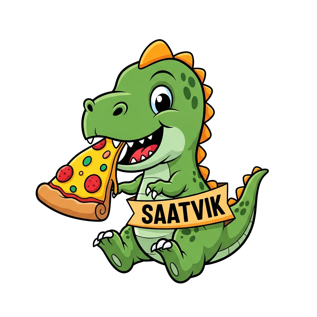 Custom design: A joyful cartoon baby dinosaur, green and friendly, happily munching on a huge, colorful pizza slice, with the name '...