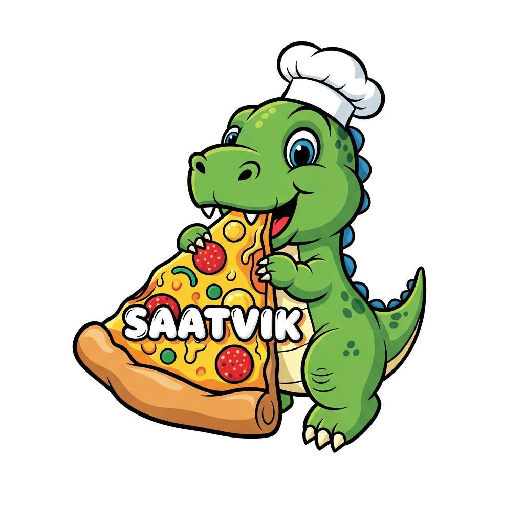 Custom design: A joyful, friendly green cartoon baby dinosaur, wearing a tiny chef's hat, happily munching on a huge, colorful pizza...