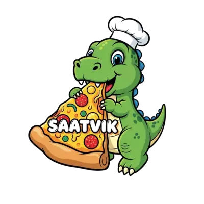 Design: A joyful, friendly green cartoon baby dinosaur, wearing a tiny chef's hat, ha...