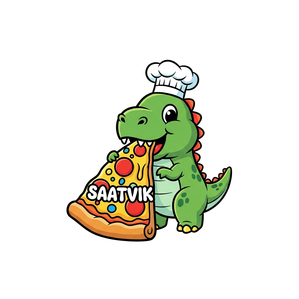 Custom design: A joyful, friendly green cartoon baby dinosaur, wearing a tiny chef's hat, happily munching on a huge, colorful pizza...