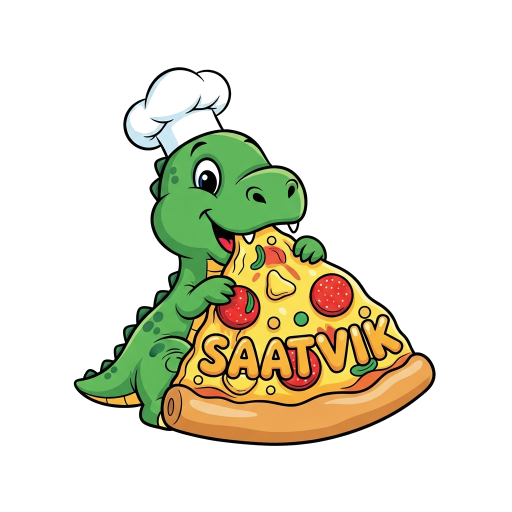 Custom design: A cheerful, friendly green cartoon baby dinosaur, wearing a tiny chef's hat, happily munching on a huge, colorful piz...