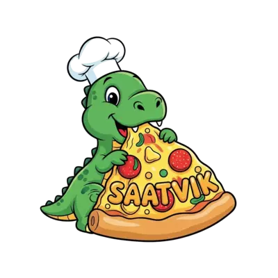 Design: A cheerful, friendly green cartoon baby dinosaur, wearing a tiny chef's hat, ...