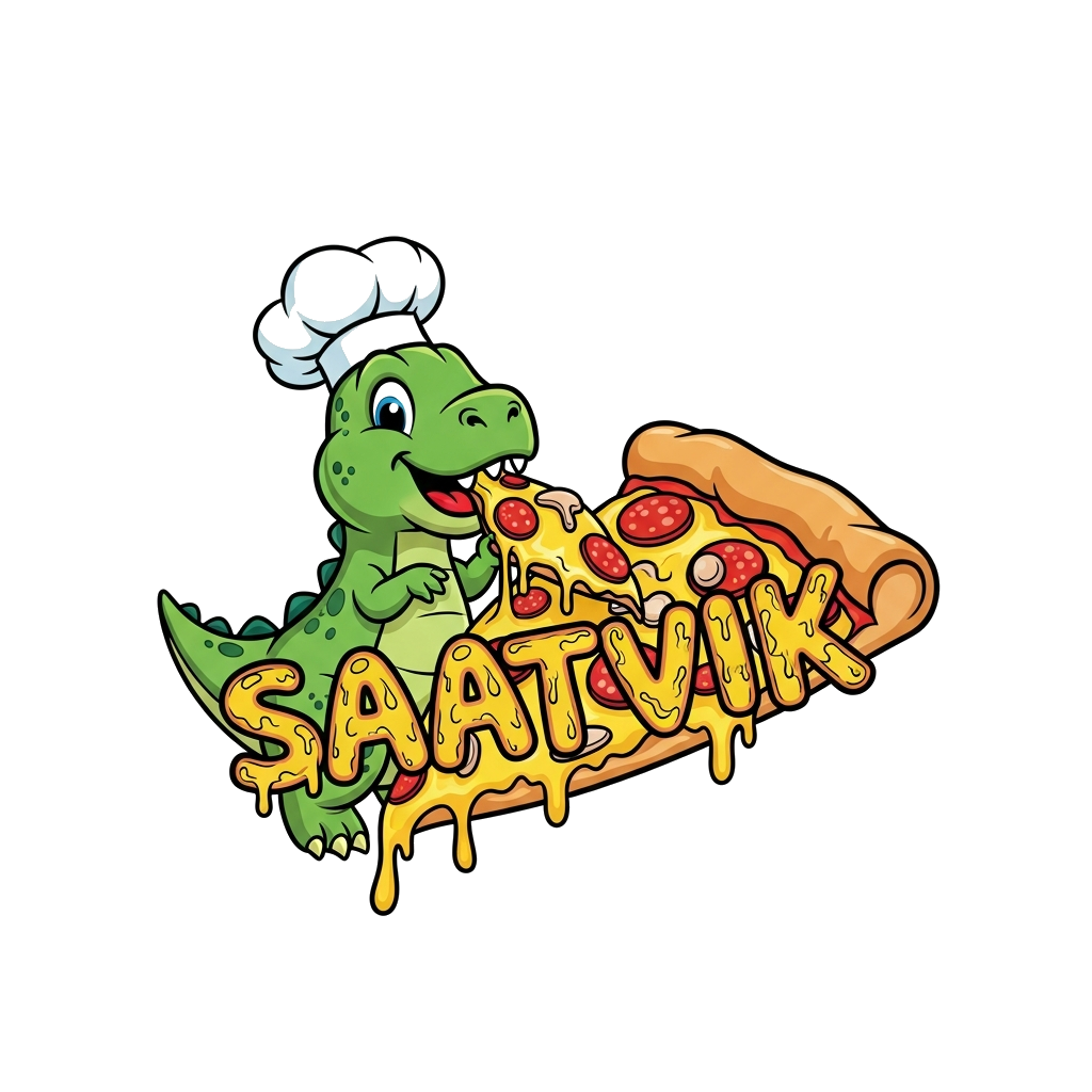 Custom design: A cheerful, friendly green cartoon baby dinosaur, wearing a tiny chef's hat, happily munching on a huge, colorful piz...