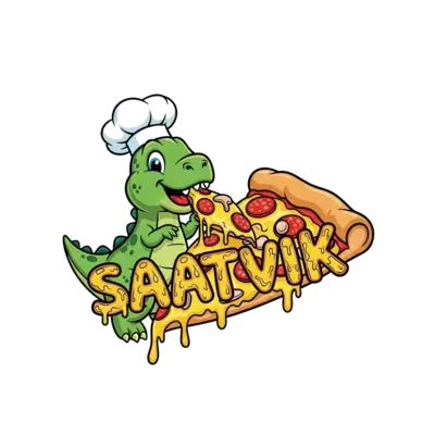 Design: A cheerful, friendly green cartoon baby dinosaur, wearing a tiny chef's hat, ...