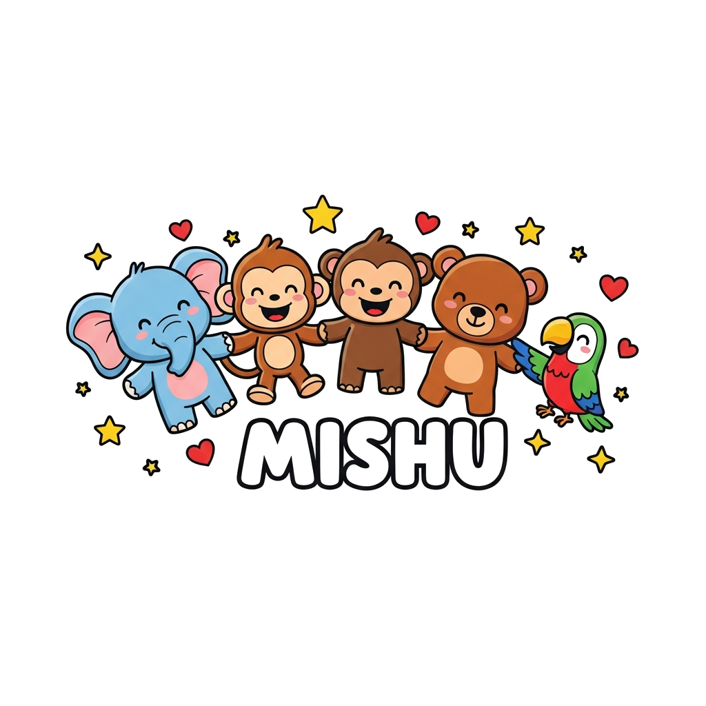 Custom design: A vibrant illustration of a diverse group of cute, friendly cartoon animals (a baby elephant, a playful monkey, a lit...