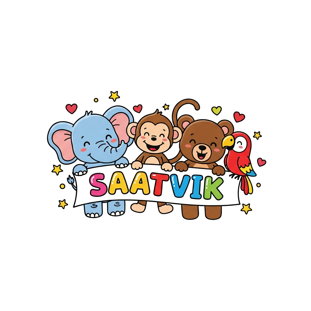 Custom design: A vibrant illustration of a diverse group of cute, friendly cartoon animals (a baby elephant, a playful monkey, a lit...