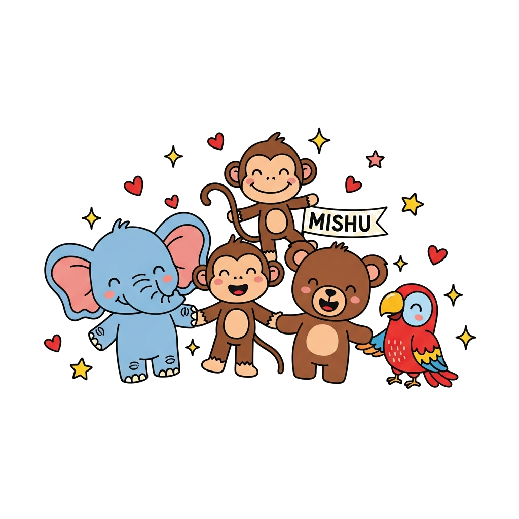 Custom design: A vibrant illustration of a diverse group of cute, friendly cartoon animals (a baby elephant, a playful monkey, a lit...