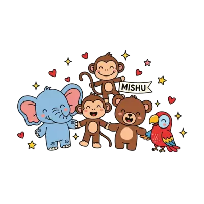 Design: A vibrant illustration of a diverse group of cute, friendly cartoon animals (...