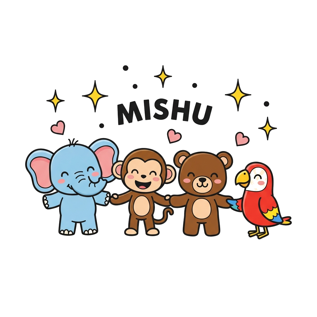 Custom design: A vibrant illustration of a diverse group of cute, friendly cartoon animals (a baby elephant, a playful monkey, a lit...