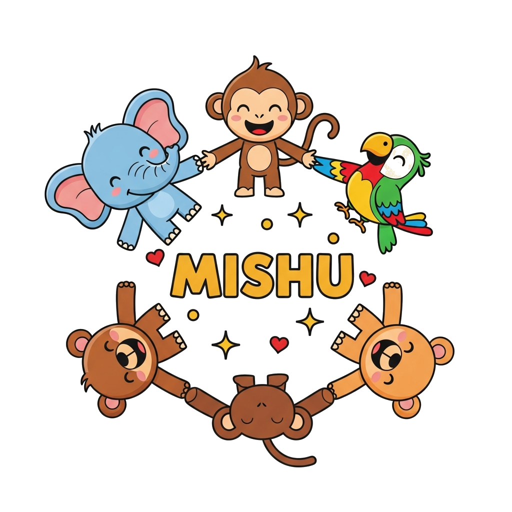 Custom design: A vibrant illustration of a diverse group of cute, friendly cartoon animals (a baby elephant, a playful monkey, a lit...