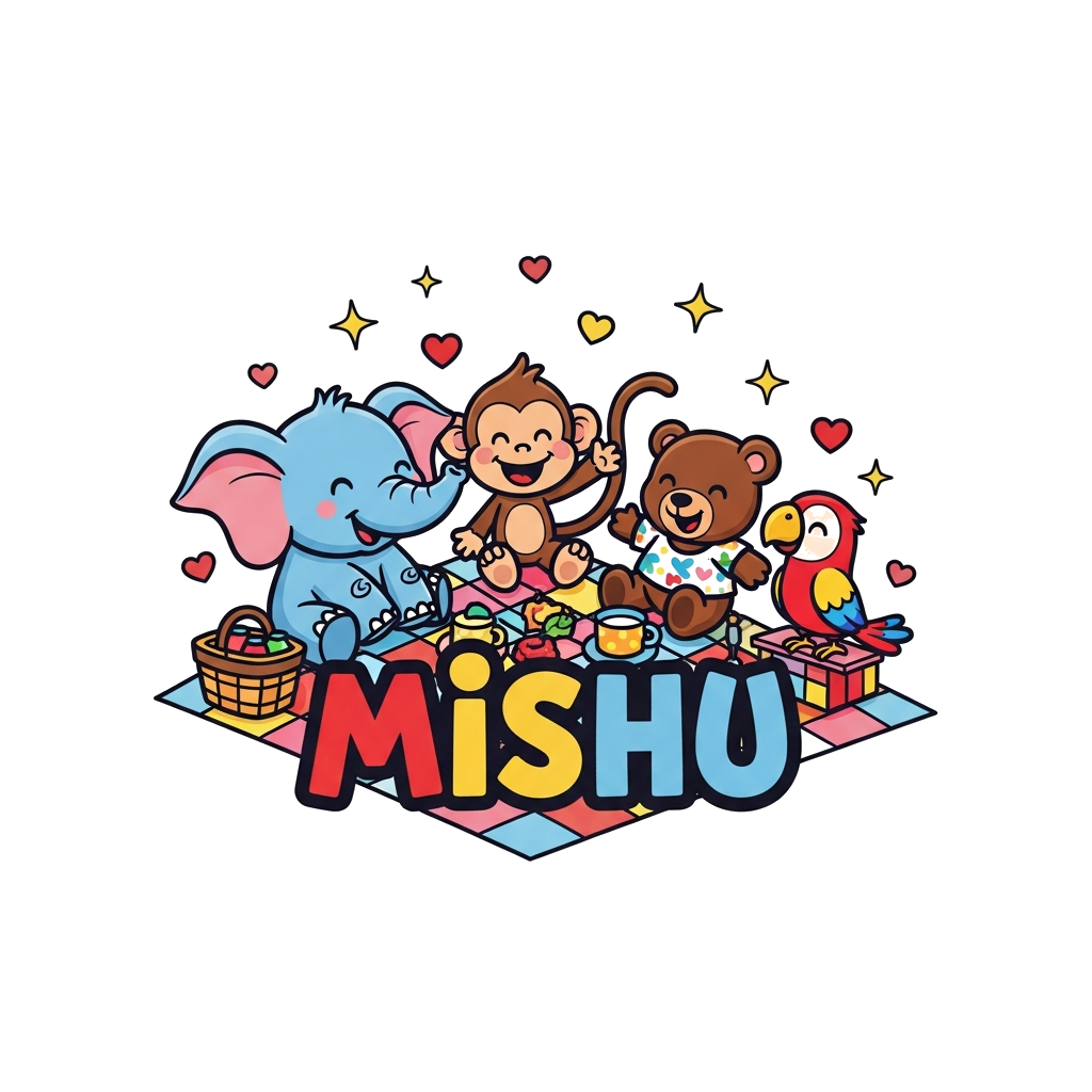 Custom design: A vibrant illustration of a diverse group of cute, friendly cartoon animals (a baby elephant, a playful monkey, a lit...