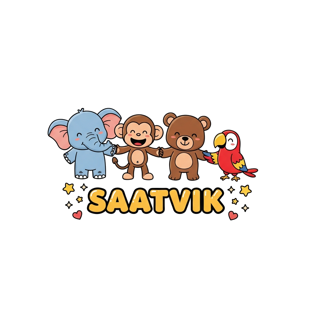 Custom design: A vibrant illustration of a diverse group of cute, friendly cartoon animals (a baby elephant, a playful monkey, a lit...