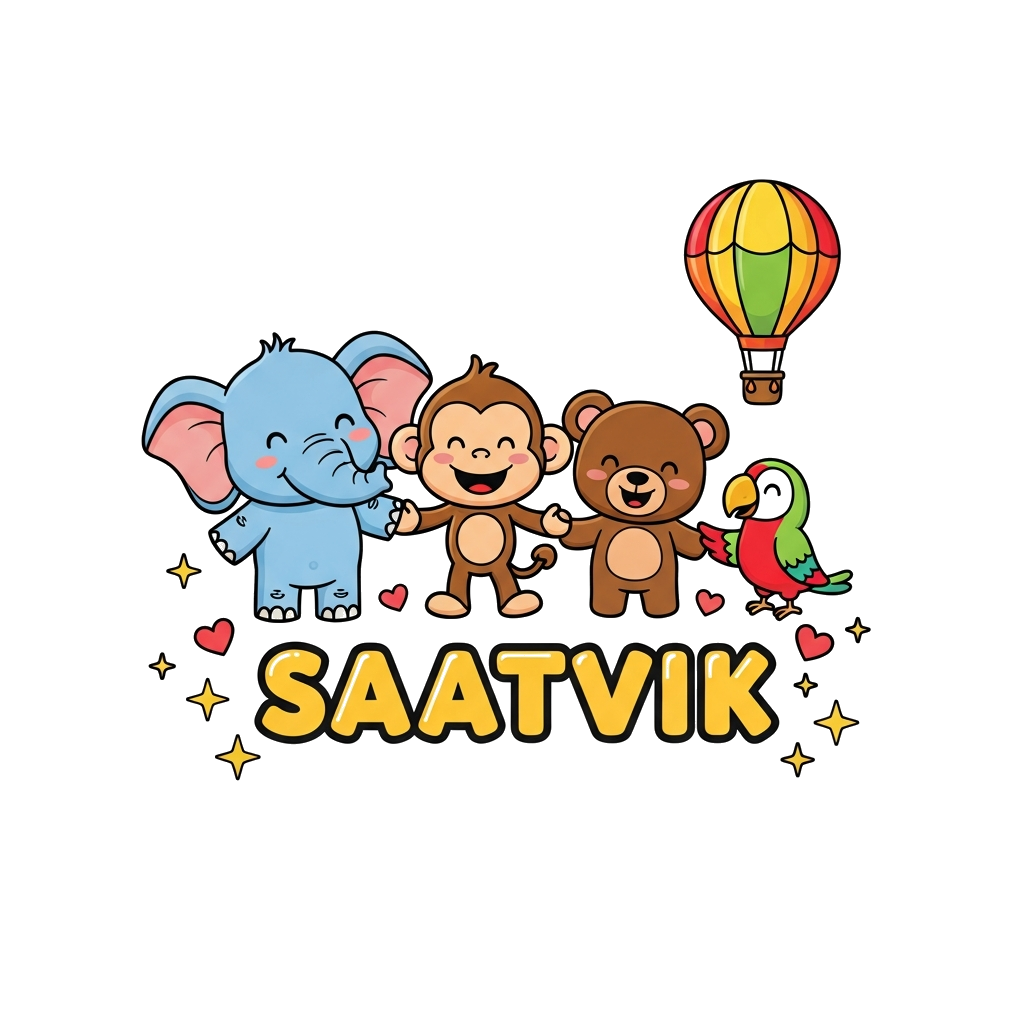 Custom design: A vibrant illustration of a diverse group of cute, friendly cartoon animals (a baby elephant, a playful monkey, a lit...