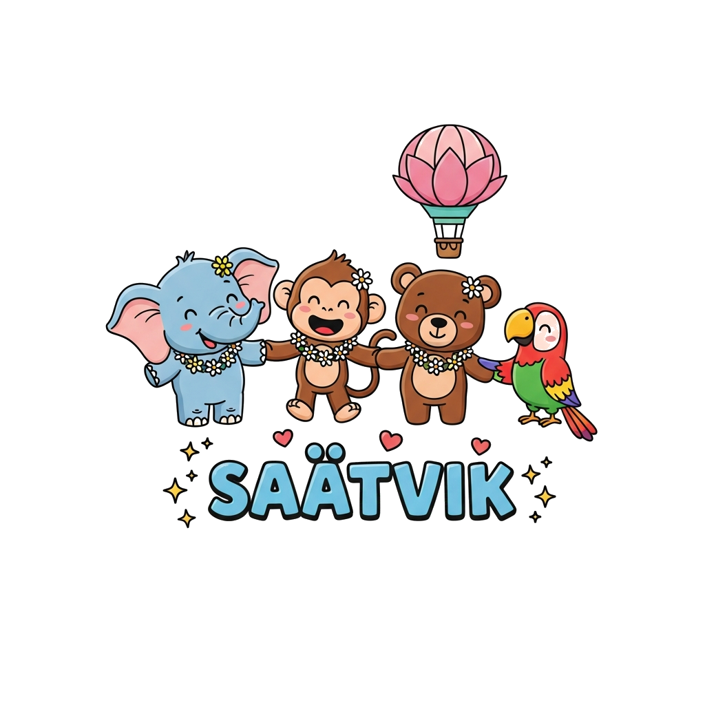 Custom design: A vibrant illustration of a diverse group of cute, friendly cartoon animals (a baby elephant, a playful monkey, a lit...
