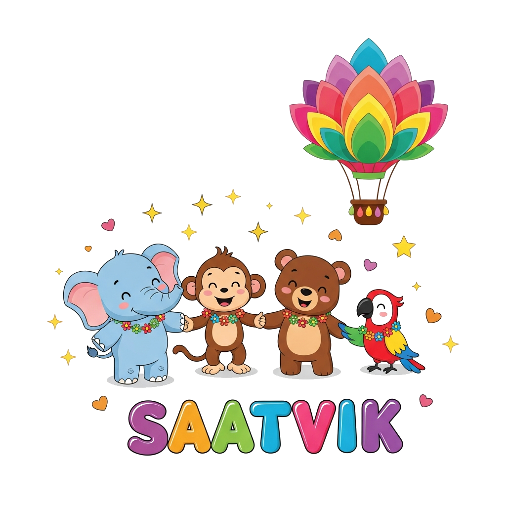 Custom design: A vibrant illustration of a diverse group of cute, friendly cartoon animals (a baby elephant, a playful monkey, a lit...