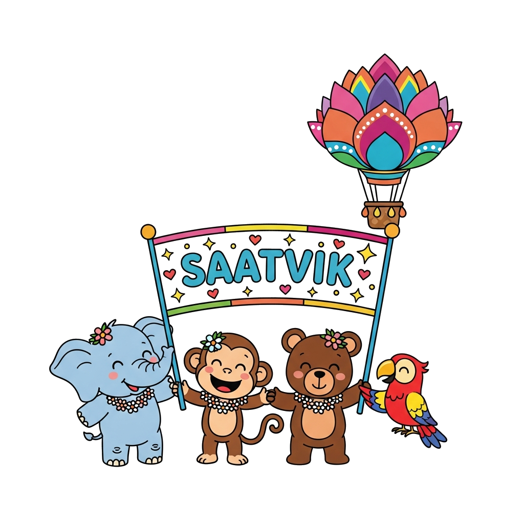 Custom design: A vibrant illustration of a diverse group of cute, friendly cartoon animals (a baby elephant, a playful monkey, a lit...