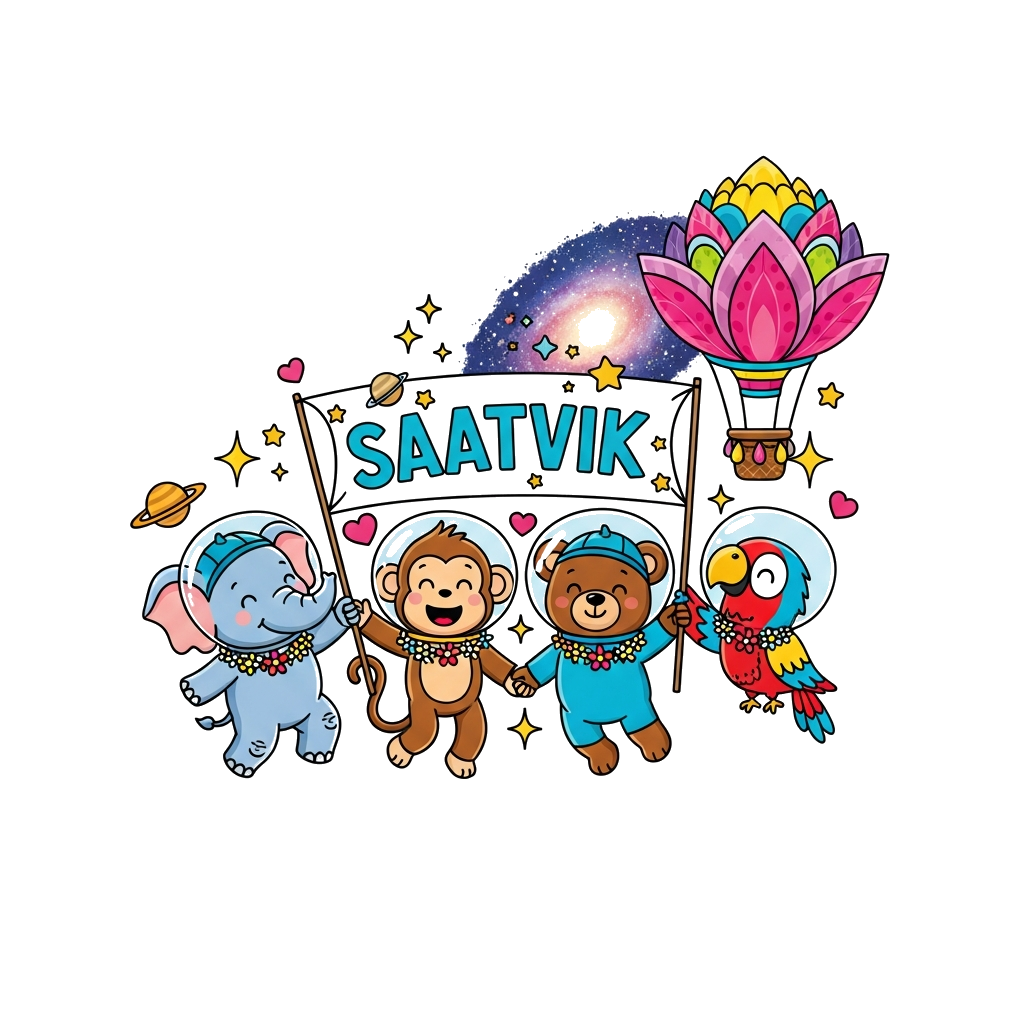 Custom design: A vibrant illustration of a diverse group of cute, friendly cartoon animals (a baby elephant, a playful monkey, a lit...